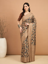 KATHAKARI-Elegant beige saree with intricate floral vine prints