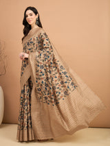 KATHAKARI-Elegant beige saree with intricate floral vine prints