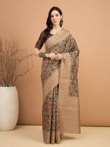 KATHAKARI-Elegant beige saree with intricate multicolor floral vine print