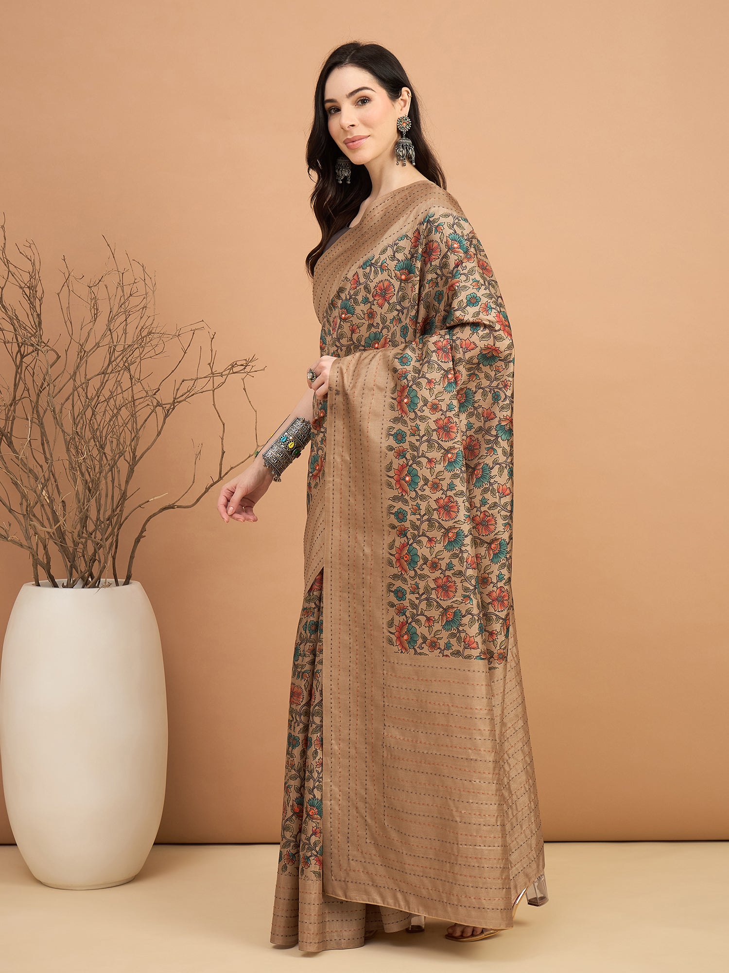 KATHAKARI-Elegant beige saree with intricate multicolor floral vine print