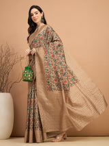 KATHAKARI-Elegant beige saree with intricate multicolor floral vine print