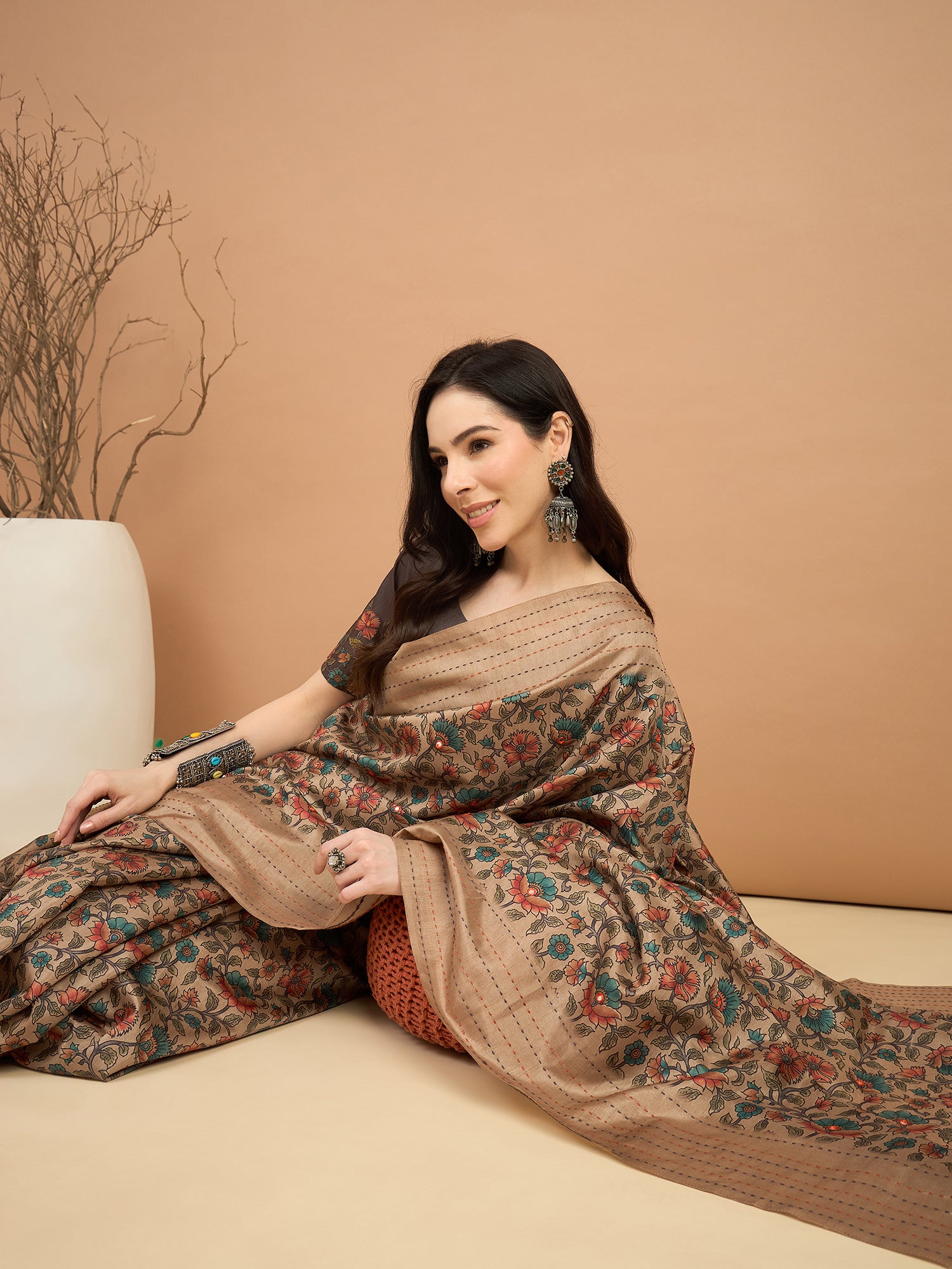 KATHAKARI-Elegant beige saree with intricate multicolor floral vine print