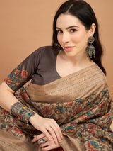 KATHAKARI-Elegant beige saree with intricate multicolor floral vine print