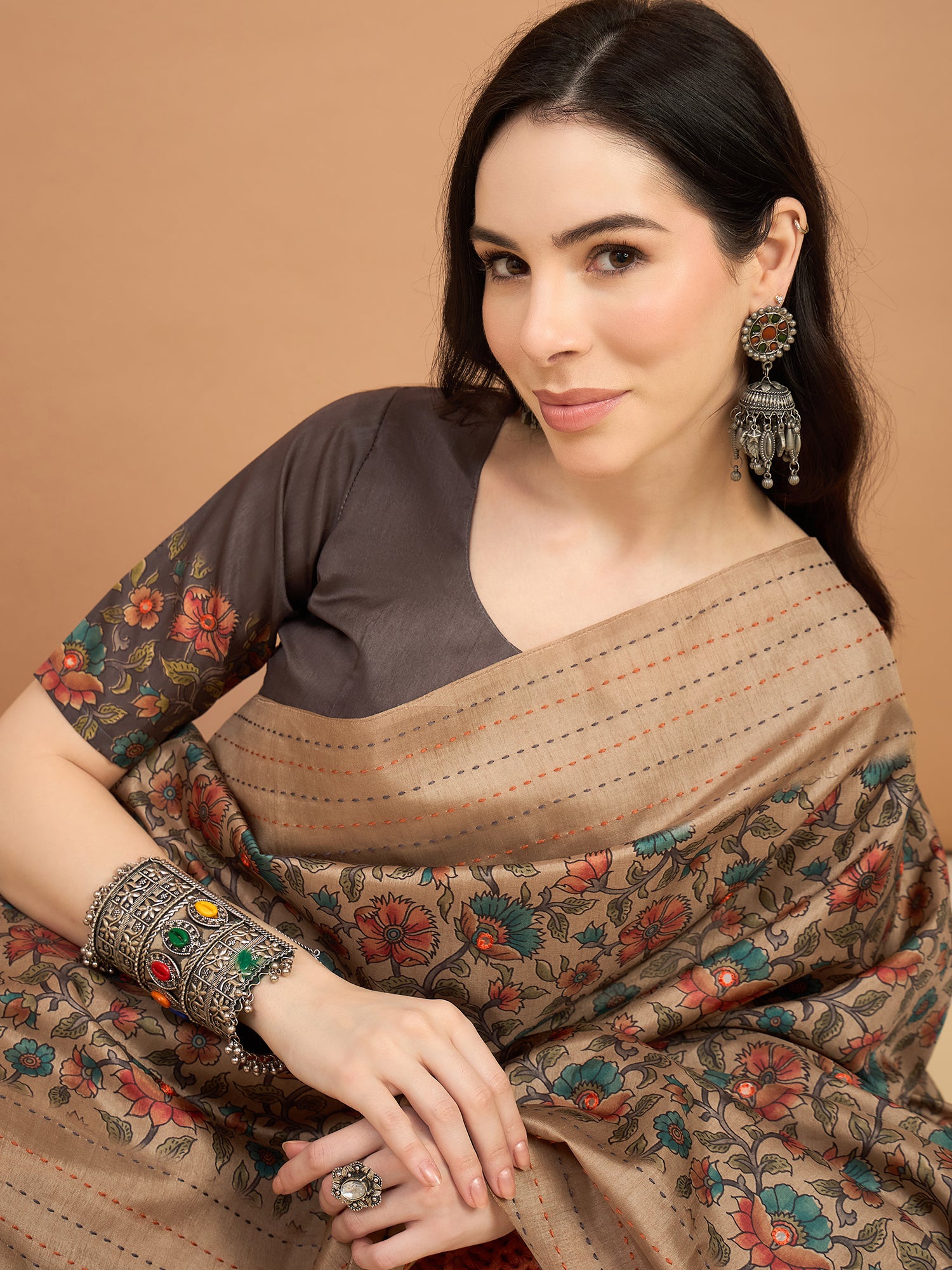 KATHAKARI-Elegant beige saree with intricate multicolor floral vine print