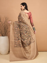 KATHAKARI-Elegant Beige Floral Printed Designer Saree with Traditional Artistic Motifs
