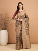 KATHAKARI-Elegant Beige Floral Printed Designer Saree with Traditional Artistic Motifs
