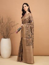 KATHAKARI-Elegant Beige Floral Printed Designer Saree with Traditional Artistic Motifs