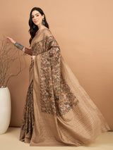 KATHAKARI-Elegant Beige Floral Printed Designer Saree with Traditional Artistic Motifs