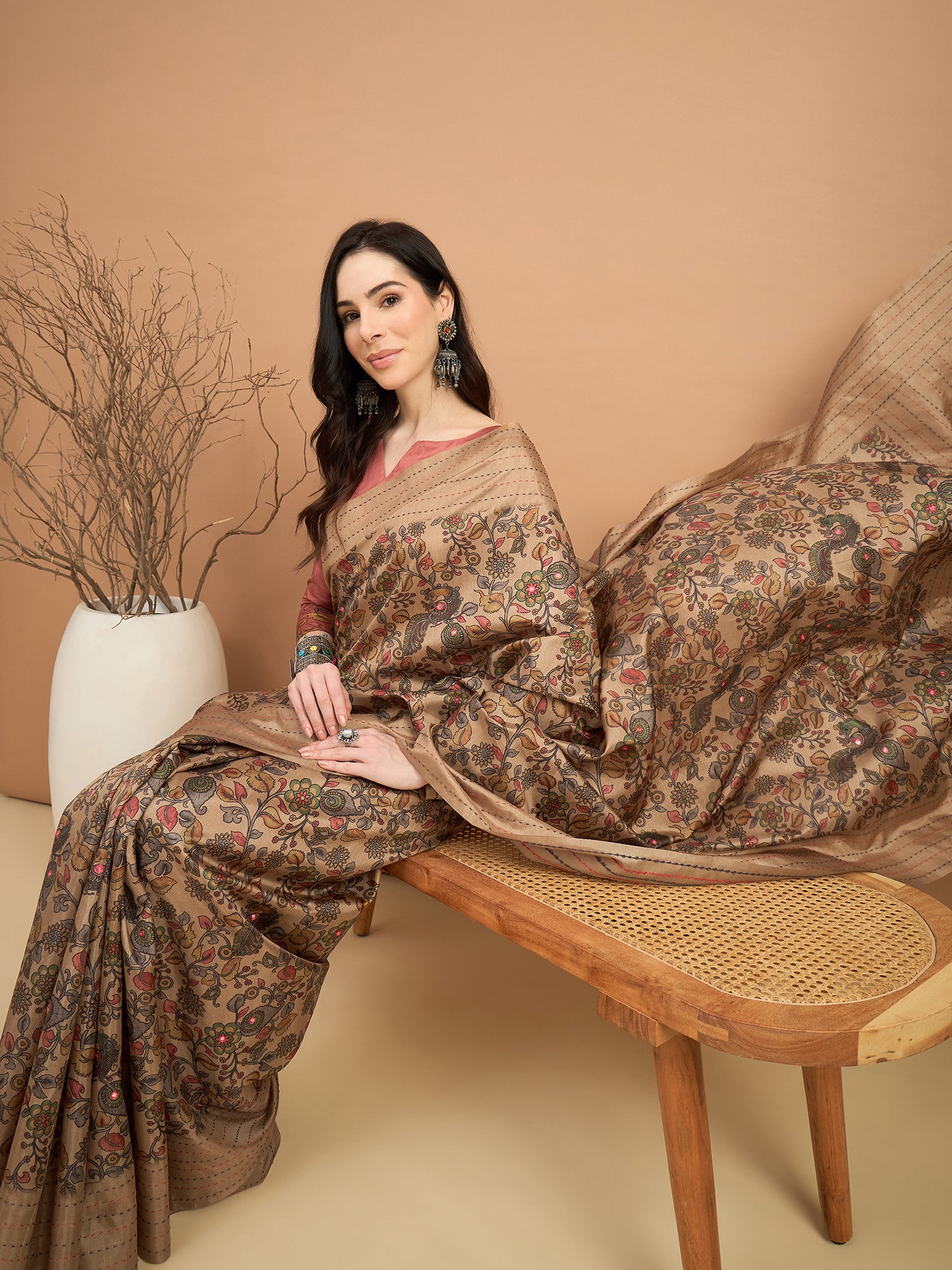 KATHAKARI-Elegant Beige Floral Printed Designer Saree with Traditional Artistic Motifs
