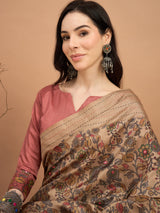 KATHAKARI-Elegant Beige Floral Printed Designer Saree with Traditional Artistic Motifs