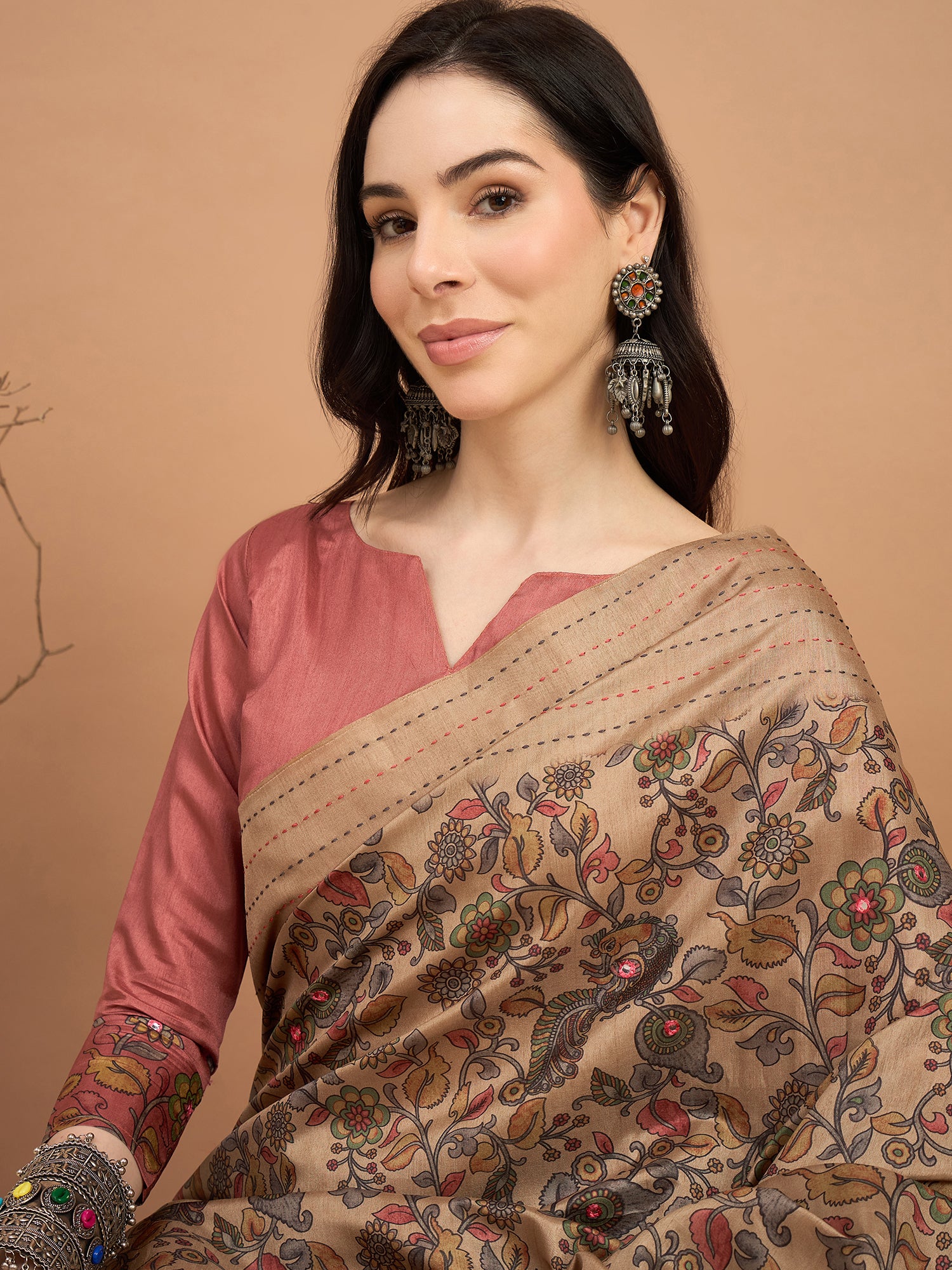KATHAKARI-Elegant Beige Floral Printed Designer Saree with Traditional Artistic Motifs
