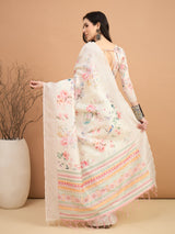 TARANG-Elegant Off-White Floral Printed Linen Saree with Pastel Geometric Border & Tassel Detailing