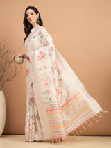 TARANG-Elegant Off-White Floral Printed Linen Saree with Pastel Geometric Border & Tassel Detailing
