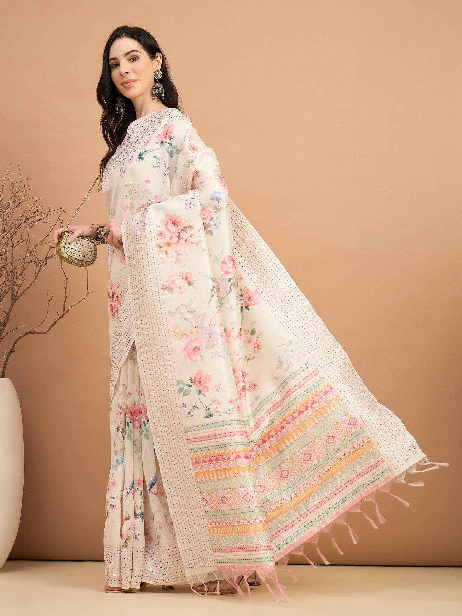 TARANG-Elegant Off-White Floral Printed Linen Saree with Pastel Geometric Border & Tassel Detailing