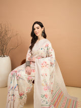 TARANG-Elegant Off-White Floral Printed Linen Saree with Pastel Geometric Border & Tassel Detailing