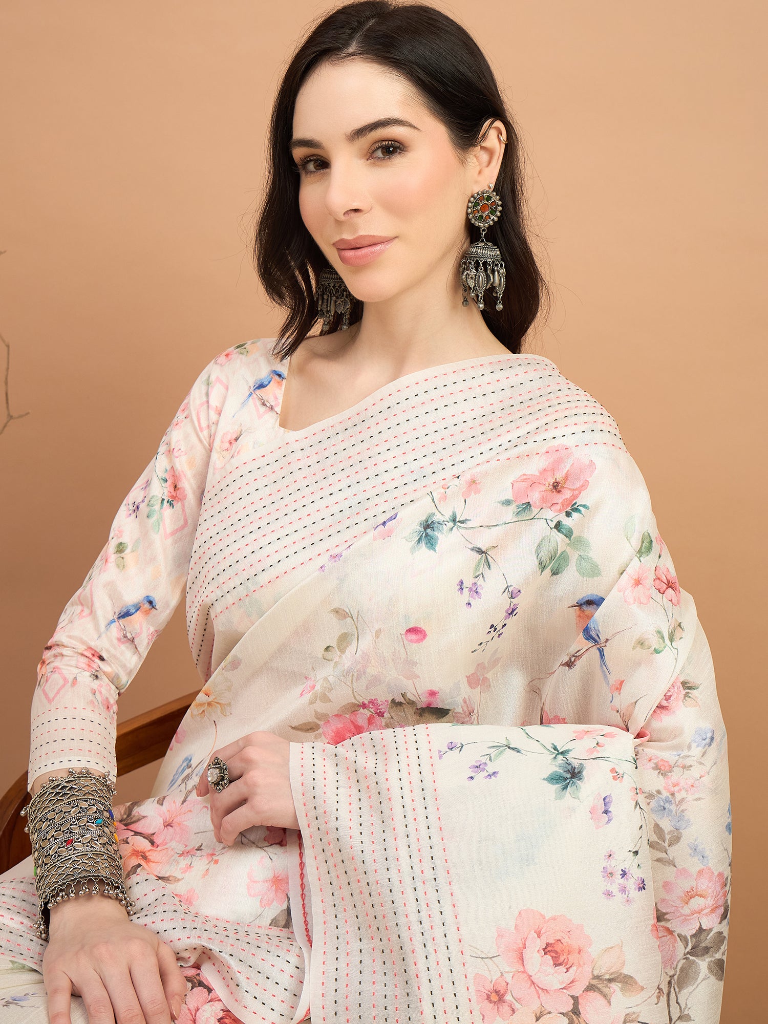 TARANG-Elegant Off-White Floral Printed Linen Saree with Pastel Geometric Border & Tassel Detailing