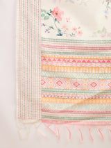 TARANG-Elegant Off-White Floral Printed Linen Saree with Pastel Geometric Border & Tassel Detailing