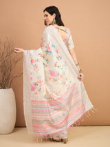 TARANG-Blush Bloom Floral Printed Linen Blend Saree with Pink Woven Border