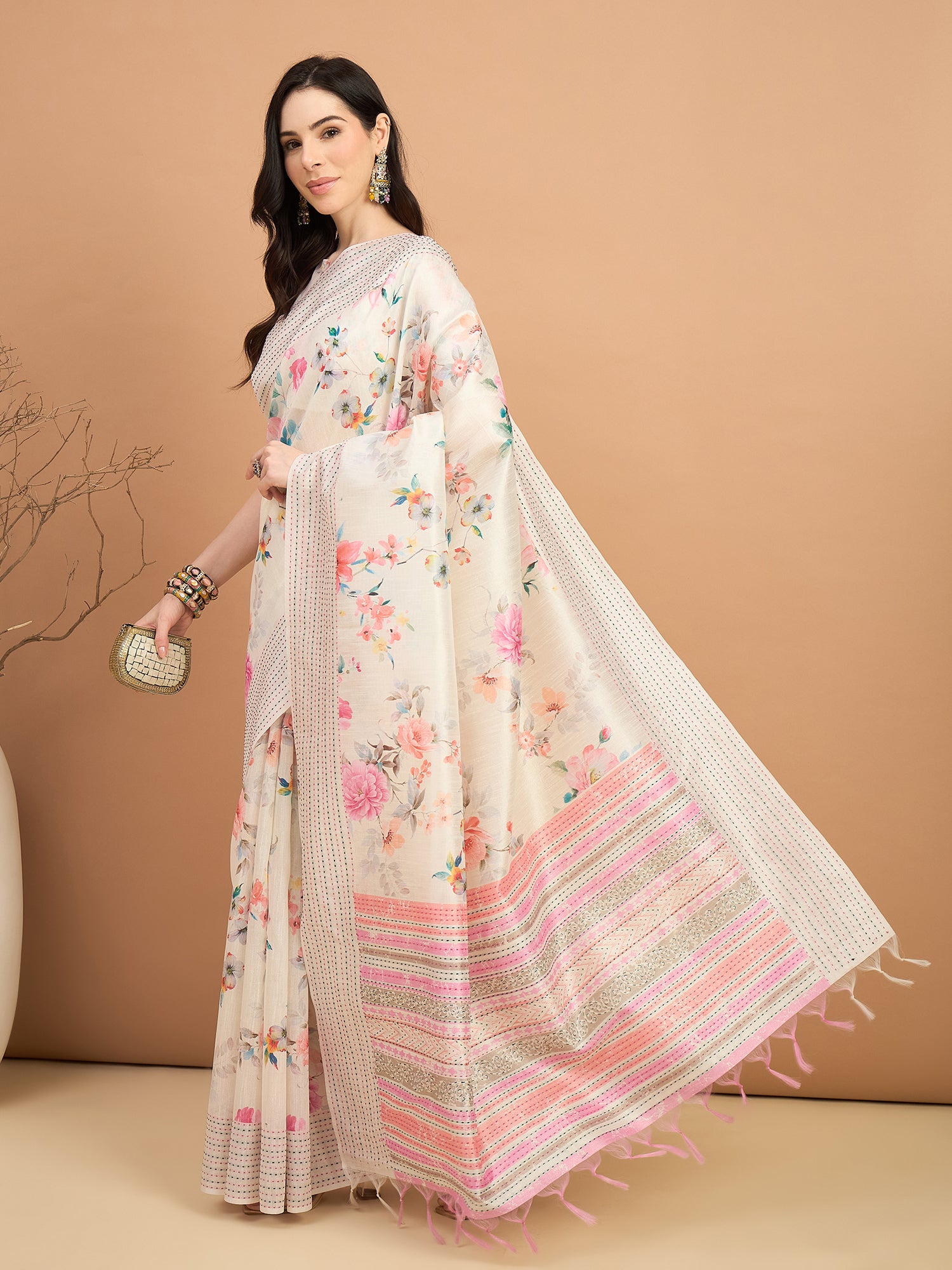 TARANG-Blush Bloom Floral Printed Linen Blend Saree with Pink Woven Border
