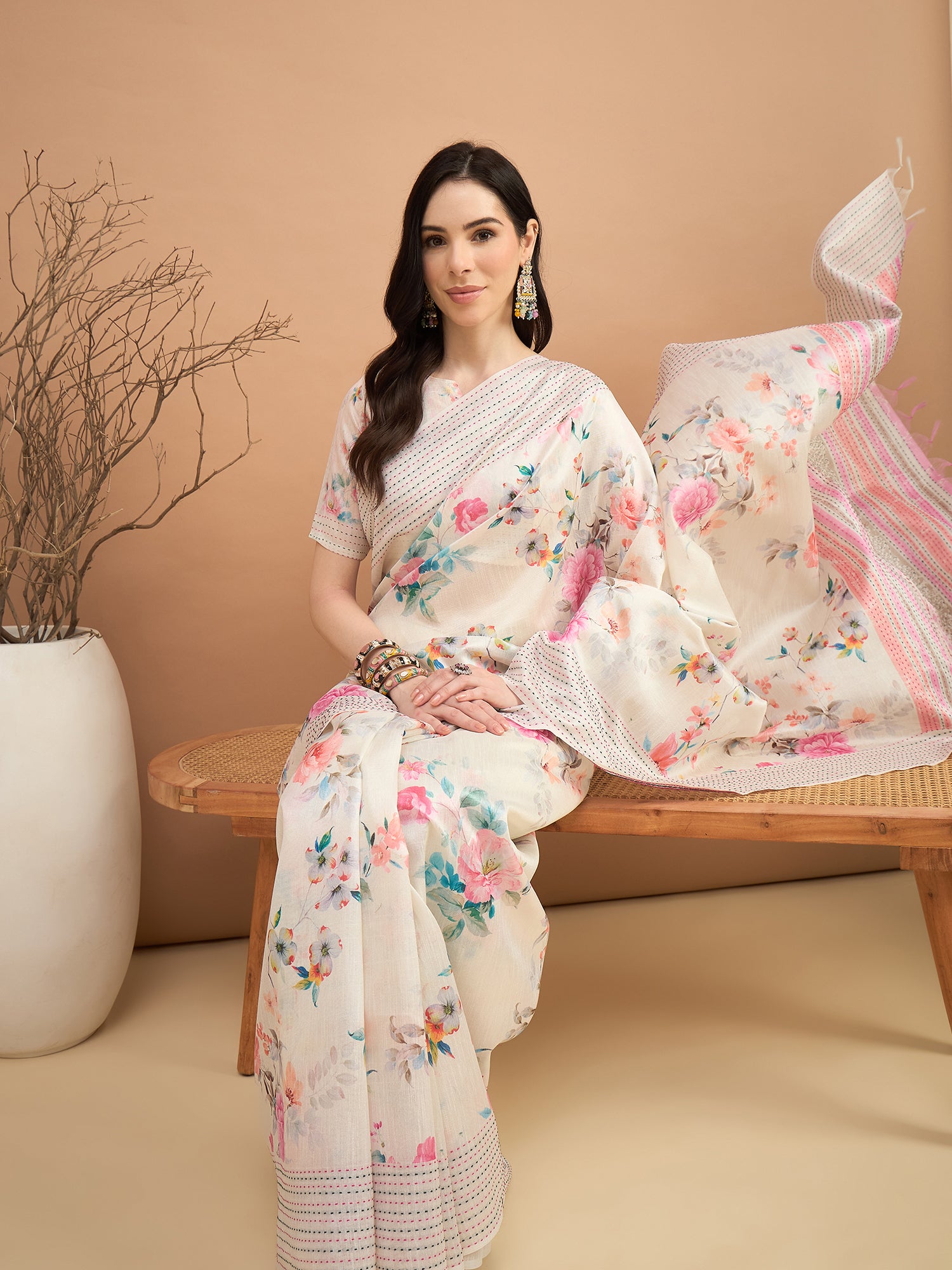 TARANG-Blush Bloom Floral Printed Linen Blend Saree with Pink Woven Border