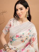 TARANG-Blush Bloom Floral Printed Linen Blend Saree with Pink Woven Border