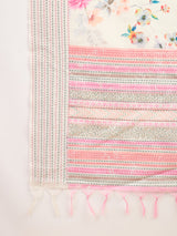 TARANG-Blush Bloom Floral Printed Linen Blend Saree with Pink Woven Border
