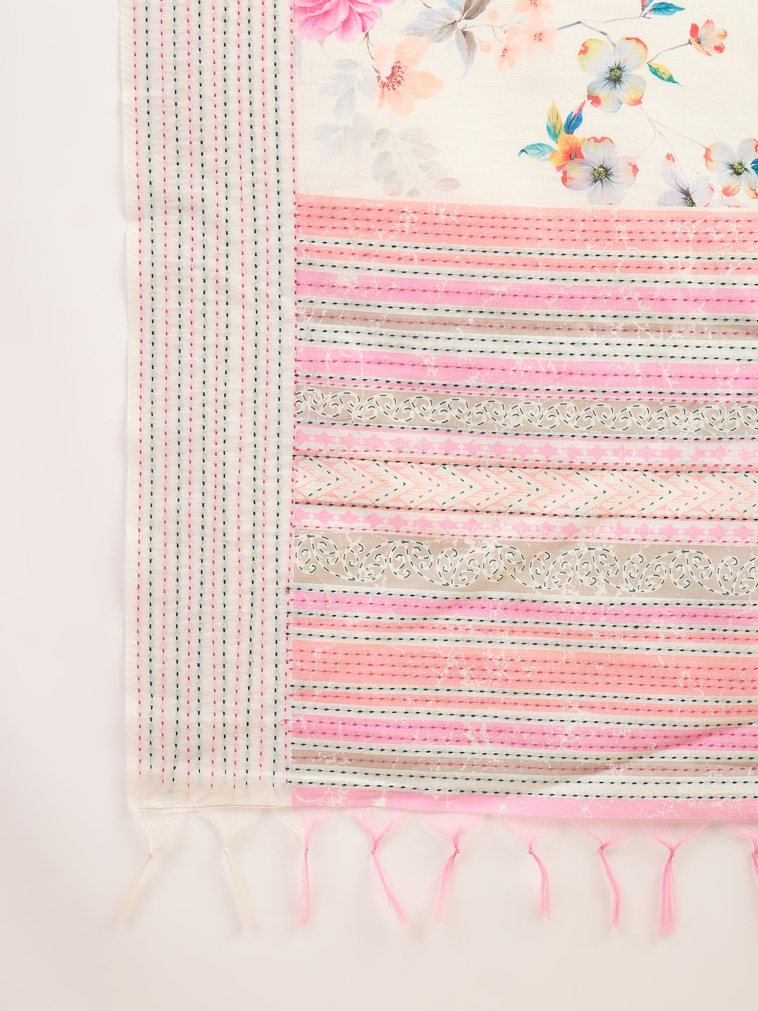 TARANG-Blush Bloom Floral Printed Linen Blend Saree with Pink Woven Border