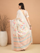 TARANG-Elegant Off-White Floral Printed Linen Saree with Pastel Tribal Border & Tassel Detailing