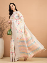 TARANG-Elegant Off-White Floral Printed Linen Saree with Pastel Tribal Border & Tassel Detailing