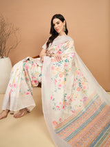 TARANG-Elegant Off-White Floral Printed Linen Saree with Pastel Tribal Border & Tassel Detailing