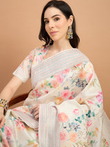 TARANG-Elegant Off-White Floral Printed Linen Saree with Pastel Tribal Border & Tassel Detailing
