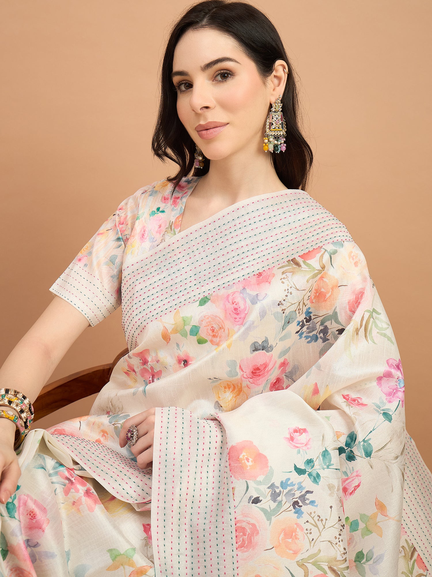 TARANG-Elegant Off-White Floral Printed Linen Saree with Pastel Tribal Border & Tassel Detailing