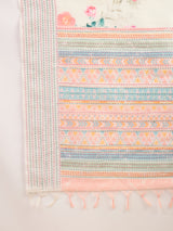 TARANG-Elegant Off-White Floral Printed Linen Saree with Pastel Tribal Border & Tassel Detailing