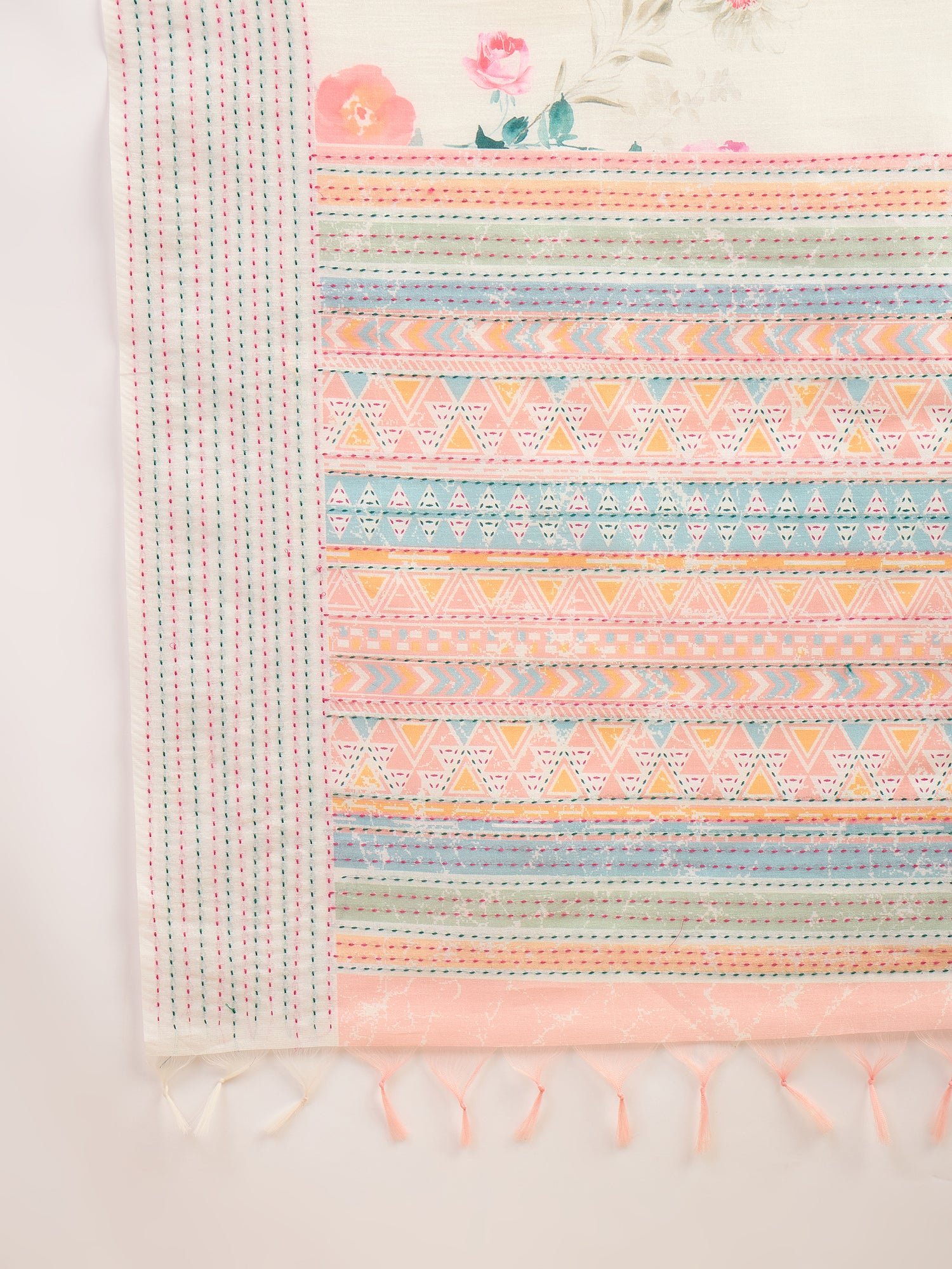 TARANG-Elegant Off-White Floral Printed Linen Saree with Pastel Tribal Border & Tassel Detailing