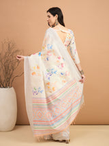 TARANG-Elegant Off-White Floral Printed Linen Saree with Pastel Woven Border & Tassel Detailing