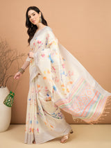 TARANG-Elegant Off-White Floral Printed Linen Saree with Pastel Woven Border & Tassel Detailing