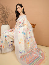 TARANG-Elegant Off-White Floral Printed Linen Saree with Pastel Woven Border & Tassel Detailing