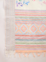 TARANG-Elegant Off-White Floral Printed Linen Saree with Pastel Woven Border & Tassel Detailing