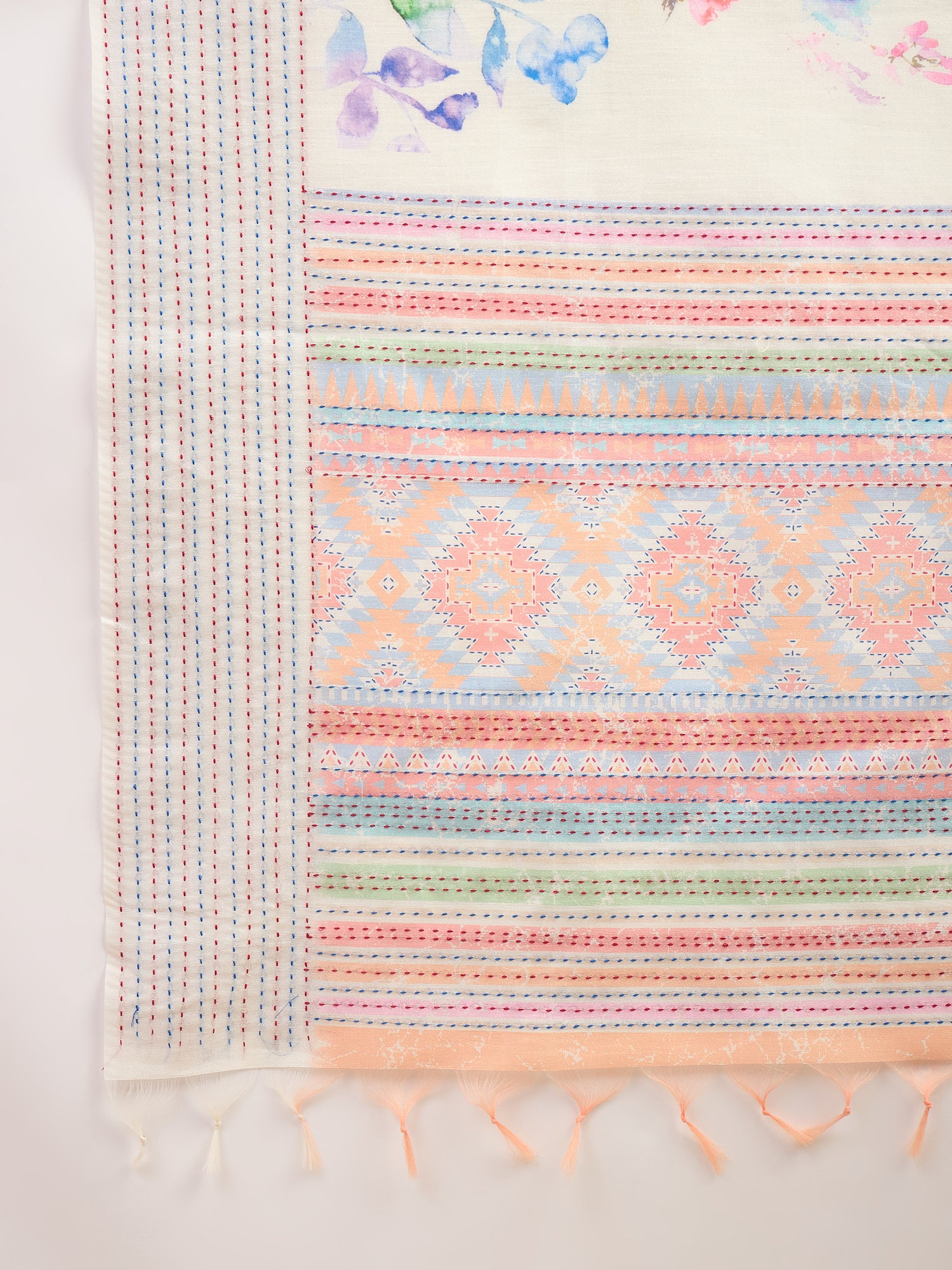 TARANG-Elegant Off-White Floral Printed Linen Saree with Pastel Woven Border & Tassel Detailing