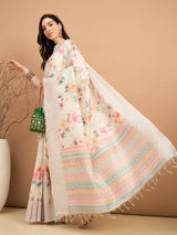 TARANG-Elegant Off-White Floral Printed Linen Saree with Pastel Geometric Border & Tassel Detailing