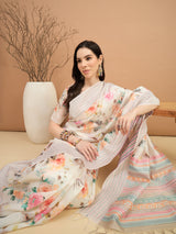 TARANG-Elegant Off-White Floral Printed Linen Saree with Pastel Geometric Border & Tassel Detailing