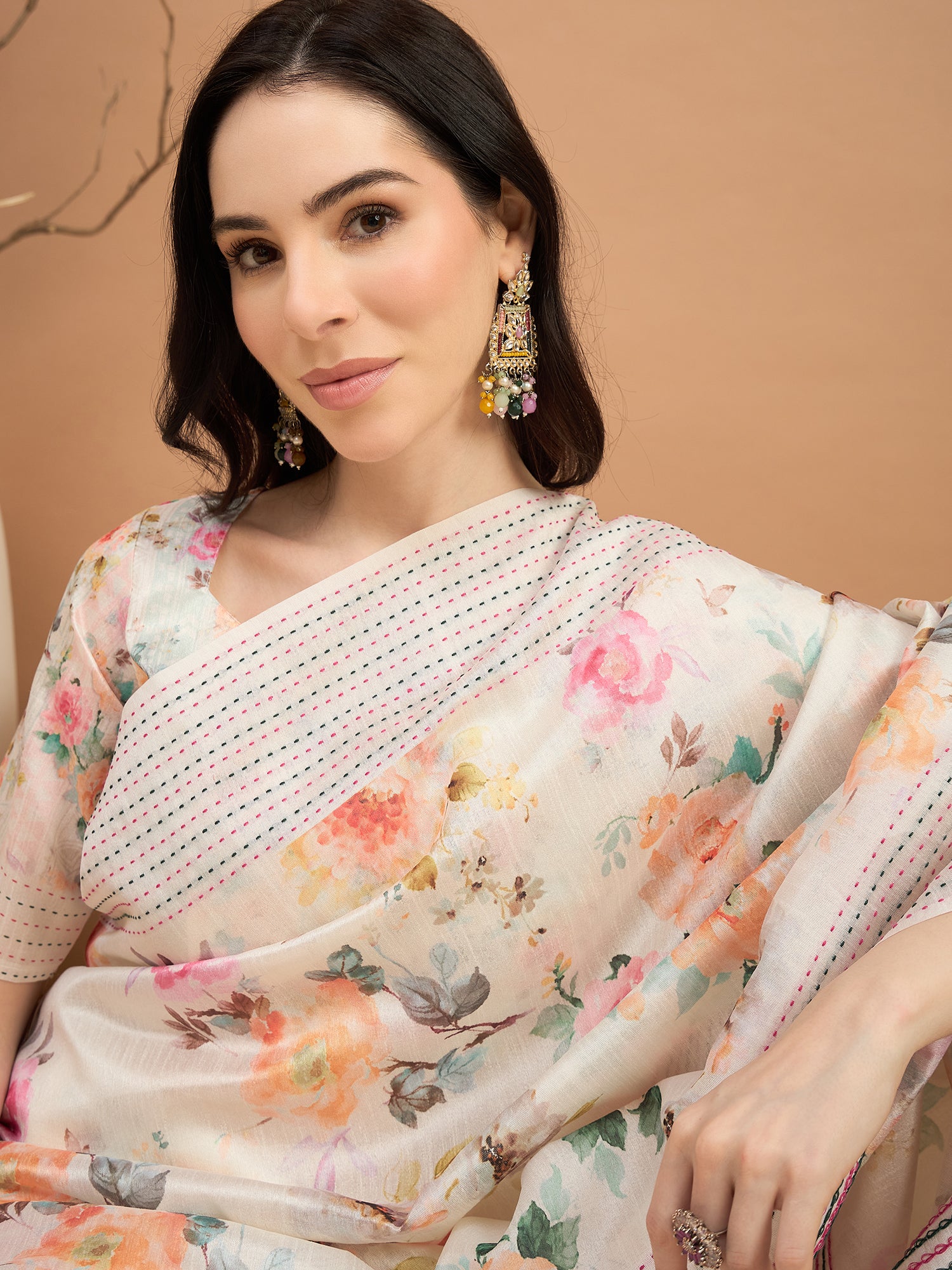 TARANG-Elegant Off-White Floral Printed Linen Saree with Pastel Geometric Border & Tassel Detailing