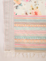TARANG-Elegant Off-White Floral Printed Linen Saree with Pastel Geometric Border & Tassel Detailing