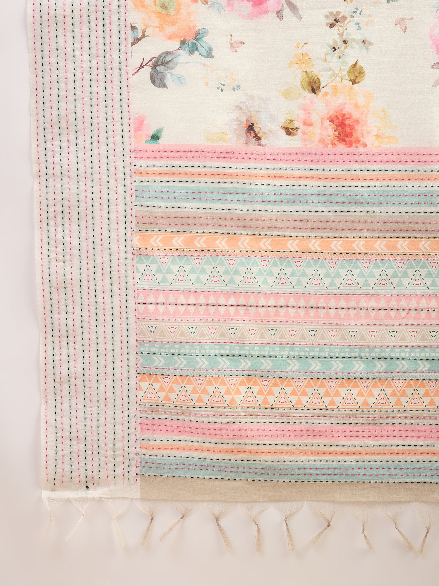 TARANG-Elegant Off-White Floral Printed Linen Saree with Pastel Geometric Border & Tassel Detailing