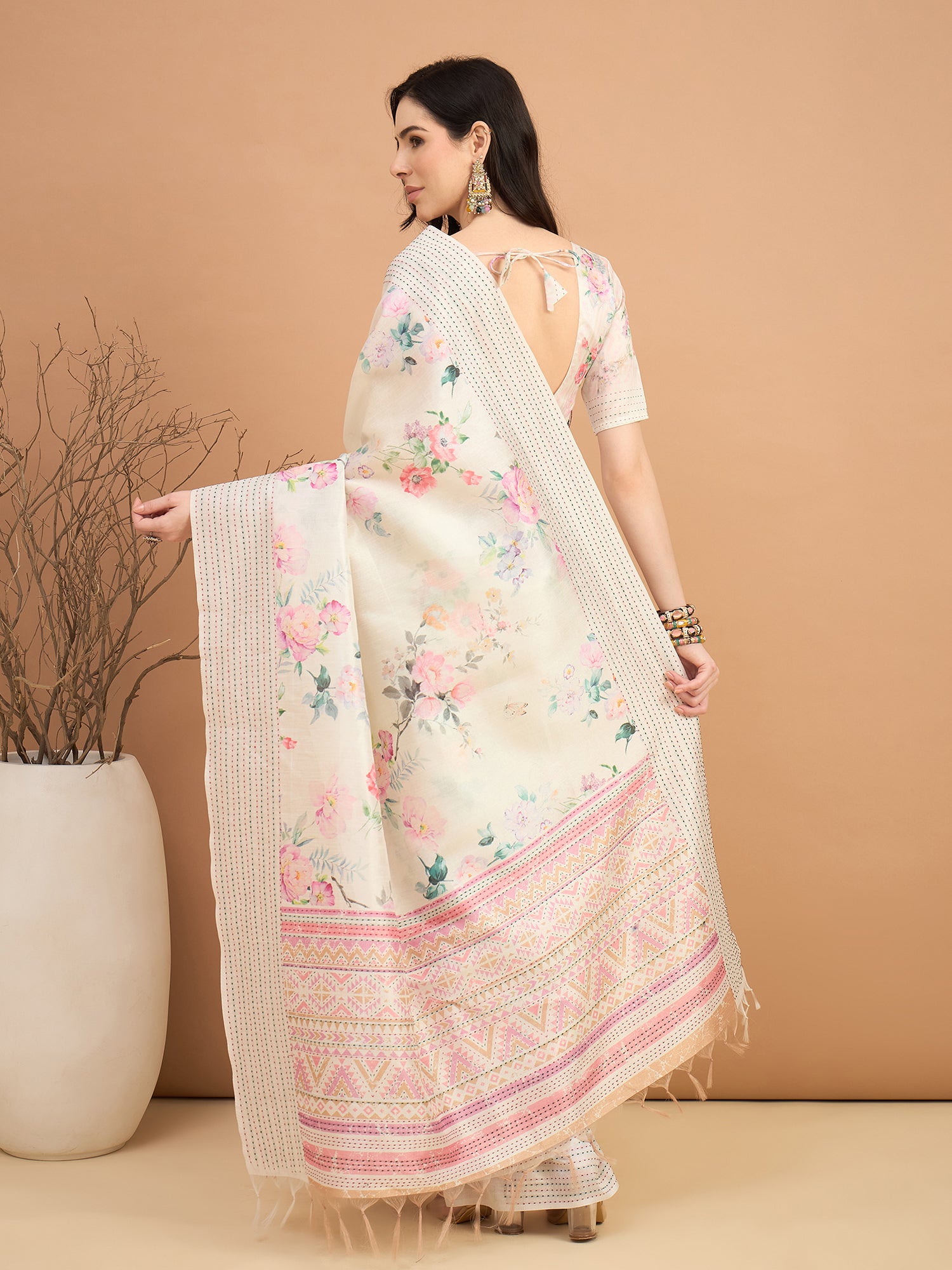 TARANG-Pastel Bloom Printed Linen Blend Saree with Pink Geometric Border