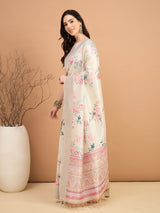 TARANG-Pastel Bloom Printed Linen Blend Saree with Pink Geometric Border