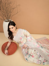 TARANG-Pastel Bloom Printed Linen Blend Saree with Pink Geometric Border