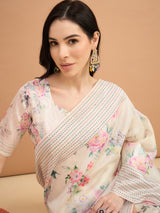 TARANG-Pastel Bloom Printed Linen Blend Saree with Pink Geometric Border