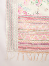TARANG-Pastel Bloom Printed Linen Blend Saree with Pink Geometric Border