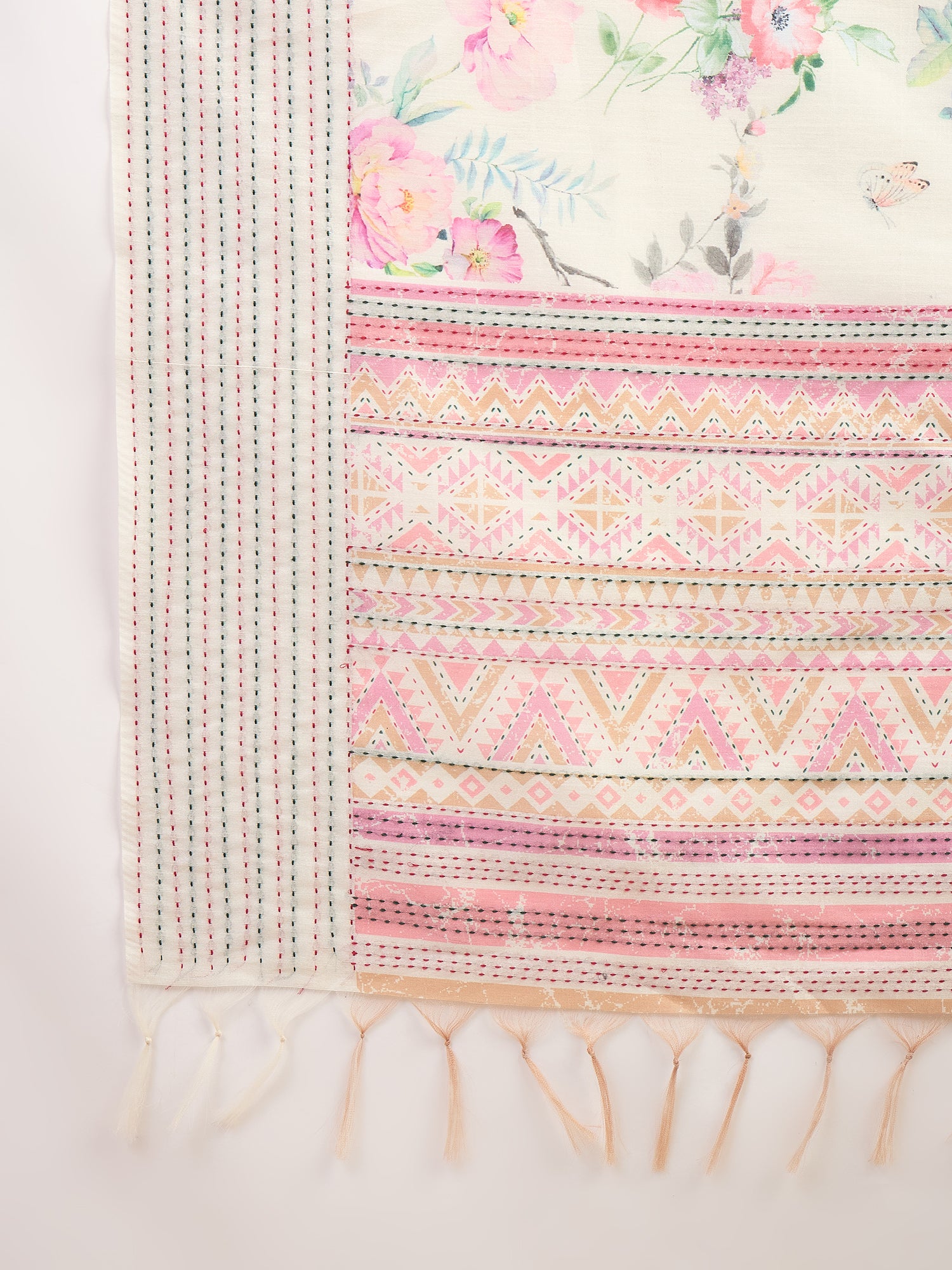 TARANG-Pastel Bloom Printed Linen Blend Saree with Pink Geometric Border